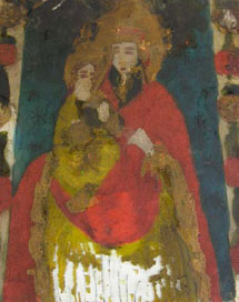 Reverse painted glass depicting Mary and Child - Before Treatment